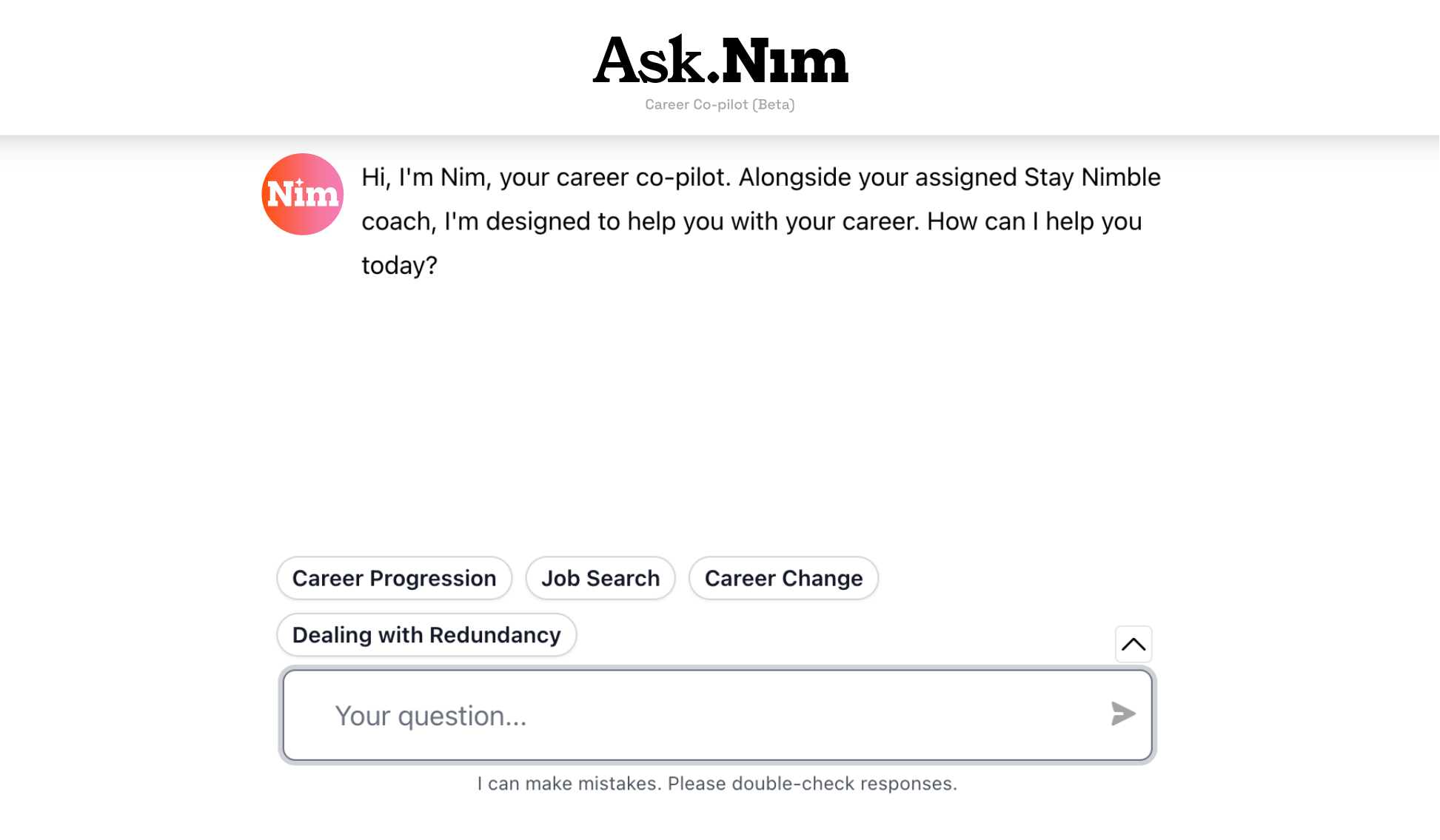 Ask Nim co-pilot career helper chat bot